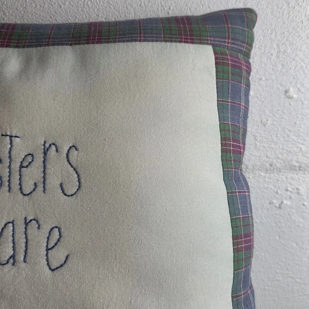 Embroidered Sisters Gift Floral Plaid Throw Pillow Cream Cottagecore
